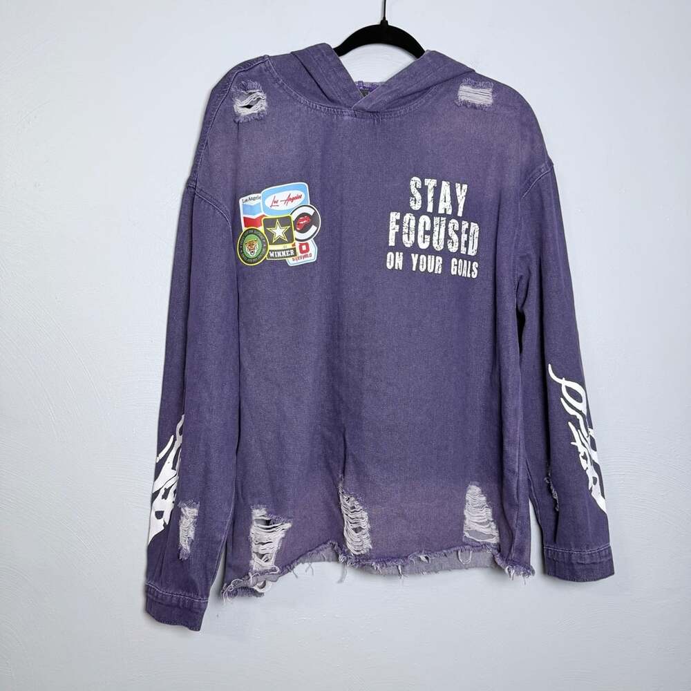Romwe Graphic Distressed Denim Hoodie Size L Purple